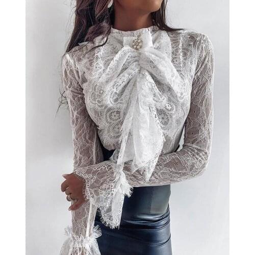 Cute Womens Lace Long Flare Sleeve OL Blouses Ladies O-Neck Lace Bow Bandage Shirts White Blusas Mujer Camisas