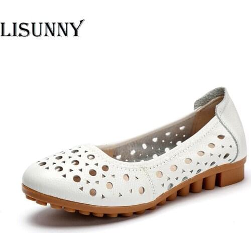 LISUNNY Spring Genuine Leather Flat Summer Shoes Women 2021 Casual Hollow Breathable Soft Bottom Ladies Flats Plus Size 34-43