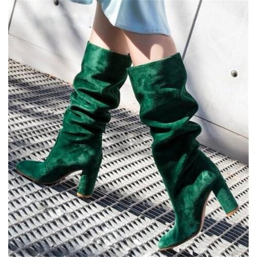 Women Fold Suede Leather Knee High Chunky Heel Boots Green Blue Pointed Toe Slip-On Long Thick High Heel Boots Charming Boots