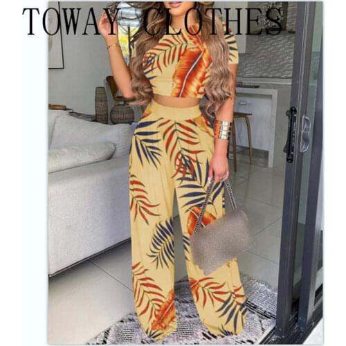 Women Short Sleeve O-neck Graphic Leaf Print Crop Top & Wide Leg Pants Sets Top & Pant Sets 2pc Summer Vacation