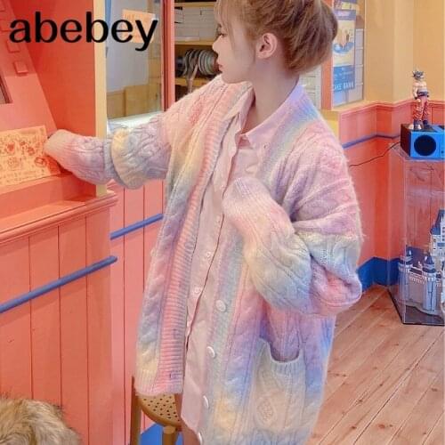 Rainbow sweater women 2021 new spring and autumn outer wear sweater Japanese plush loose sweater cardigan trend
