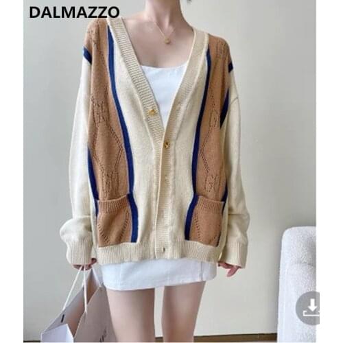 DALMAZZO Womens Hollow Long-Sleeved Knitted Cardigan Female 2021 Autumn Winter V Neck Single-Breasted Loose Pockets Coat Tops