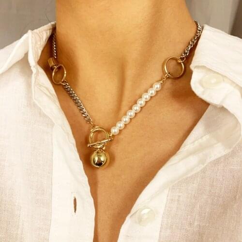 Women Hip-hop Pearl Choker Iron Ball Pendants Single Layer Necklace Toggle Clasp Clavicle Chain Wedding Party Jewelry