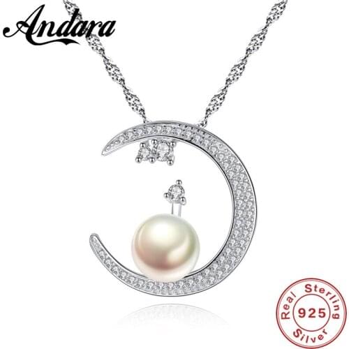New Arrival Fashion Real 925 Sterling Silver Moon and Natural Pearl Chain Link Pendant Necklaces for Women Fine Jewelry