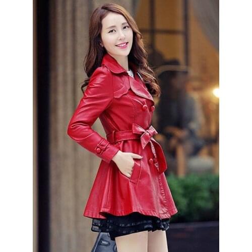 Womens Leather Coat New Mid-Length 2021 Lady Windbreaker Spring Autumn Wear Jacket 4XL Plus Size