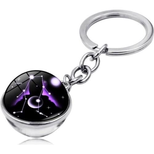 Zodiac Keychain Jewelry with Silver Color Aries Taurus Gemini Zodiac Sign 12 Constellations Double Side Glass Ball Car Keychain