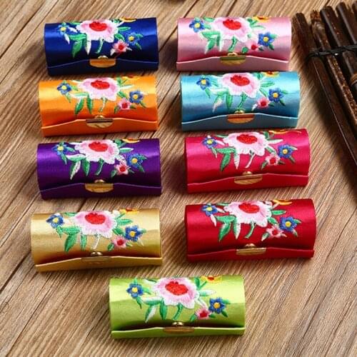 840pcs/lot 8.2*3.3cm Chinesee Style Flower Design Retro Brocade Embroidered Lipstick box Cosmetic Case Holder with Mirror