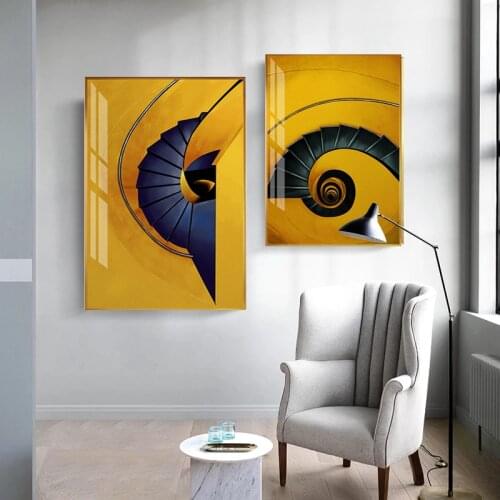 Abstract Yellow Revolving Stairs and Entrance Art Poster Modern Wall Painting Living Room Walkway Fashion Home Decoration Painti