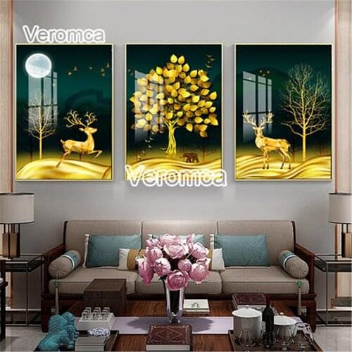 Gold Deer Fortune Tree Landscape Diamond Painting Living Room Decor 5D Diy Triptych Cross Stitch Full Diamond Embroidery