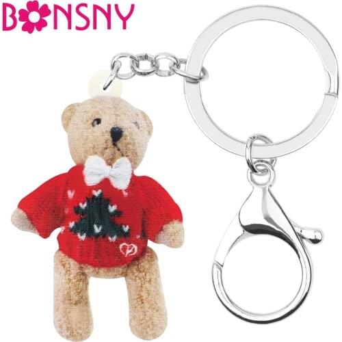 Bonsny Acrylic Red Sweater Plush Bear Doll Keychains Key Ring Animal Jewelry Gift For Women Kids Handbag Purse Accessory Pendant