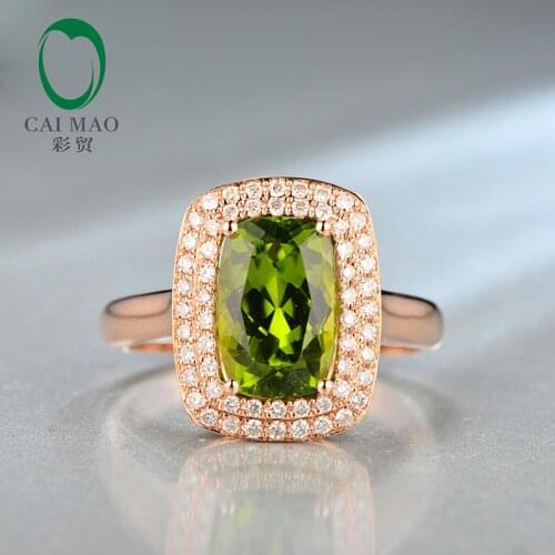 Caimao 7x10mm Cushion Cut 3.27ct Natrual Green Peridot Halo Pave Diamonds 14K Rose Gold Engagement Ring