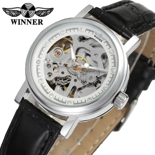 Winner Elegant Lady Watch Skeleton Silver Color Dial Alloy Case Black Genuine Leather strap relogio feminino WRL8048M3S5