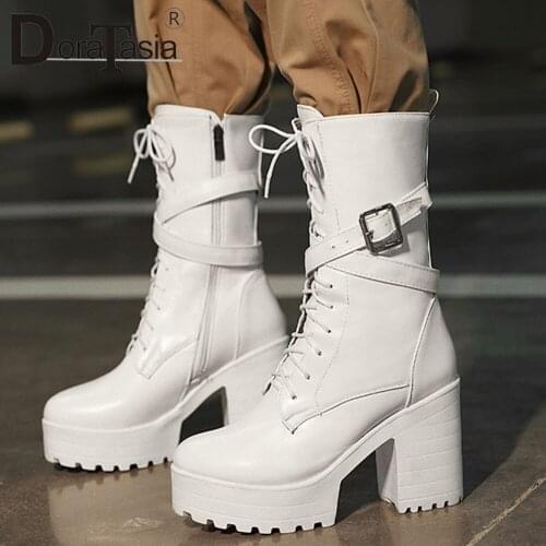 DORATASIA Elegant Girl Winter Solid Boots Casual Brand Block Heel Boots Women Round Toe shoelace High Heels Shoes Woman