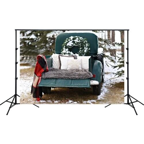 Snowy Vintage Antique Truck In Tree Farm Holiday Family Christmas Backdrop Noel Pine Banner Kids Portrait Studio Background