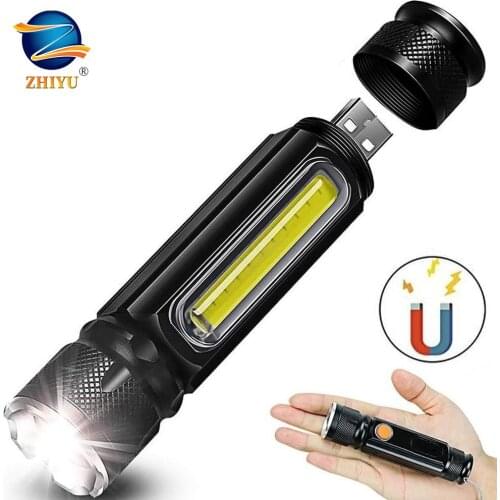 ZHIYU USB Rechargeable LED Magnet Flashlights Camping Hiking Working Built in Battery Zoomable Torch Lamp 5 Modes T6 COB Lights