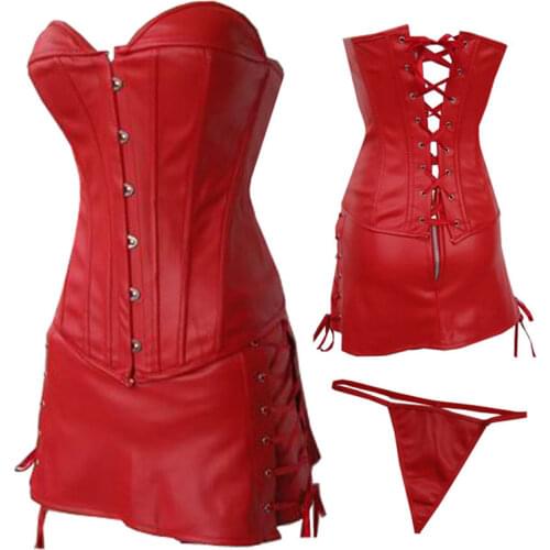 Red /black bustier hot sale ladies leather corset dress,free shipping exotic apparel costume bandage dress s-6xl PU corset sets
