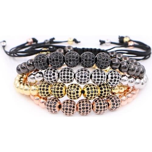 Mestylish Mens Bracelet 8mm Gold Diamond Ball Pave Black CZ Beaded Braided Lace Bracelet Best Gift For Men Women
