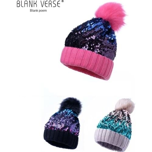 Cross-border new autumn and winter sequin knitted hat Ladies fur ball fashion thick winter hat Baotou sequined woolen cap