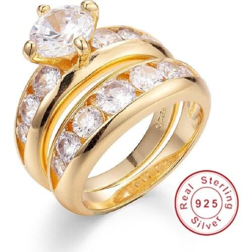 Luxury 925 silver & 18K yellow gold Round 3ct Simulated Diamond Ring Set 2-in-1 Wedding Anniversary Rings for Women jewelry gift