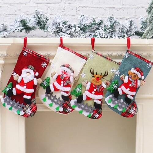 Christmas Stockings Santa Claus Snowman Bear Deer Pattern Gift Candy Socks Bag Pockets Hanging Xmas Tree Ornaments Wholesale