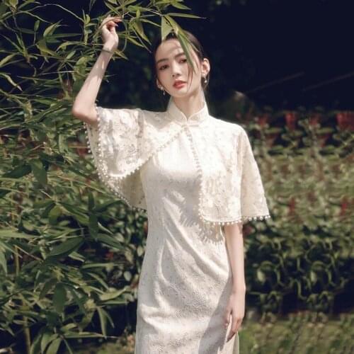 Cheongsam Dress Modern 2021 Chinese Retro Lace Qipao Dresses with Pearl Shawl Two-piece Eleglant Cheongsams Oriental Party Dress