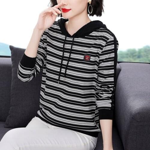 BOBOKATEER Long Sleeve Hoodies Women Clothing Cotton T-shirt Femme Tops Mujer Camisetas Striped Woman Tshirts T-shirty Damskie