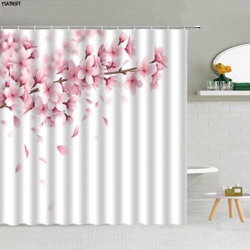 3D Pink Cherry Blossom Shower Curtain White Background Peach Blossoms Scenery Fabric Bathroom Supplies Cloth Curtains With Hooks