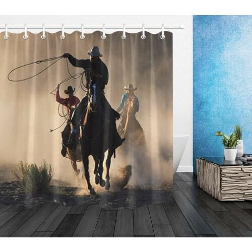 Western Cowboy Horse Bathroom Polyester Fabric Shower Curtain Set & Hooks