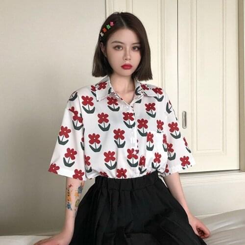 Vintage Floral Printed Womens Blouse Casual Short Sleeve Loose Shirt Summer Beach Blouse Top