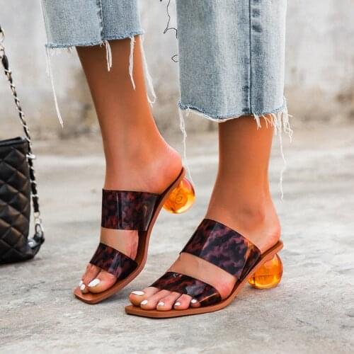 New Sandals Woman Shoes Square Head Round Heel One Word with High Heels Leopard Transparent Slippers Large Size 35-43