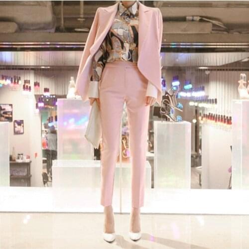 Womens suit two-piece 2019 summer new pink suit womens jacket loose thin large size long-sleeved suit casual slim pants suit