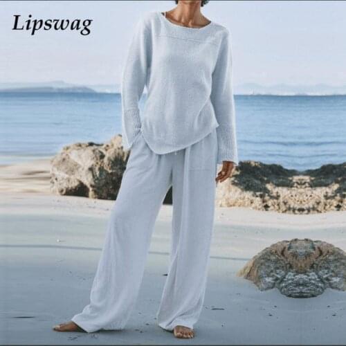 Women Solid Loose Two Piece Sets 2021 Autumn O-Neck Long Sleeve Pullover Tops +Long Pants Home Suits Casual Soft Simple Outfits