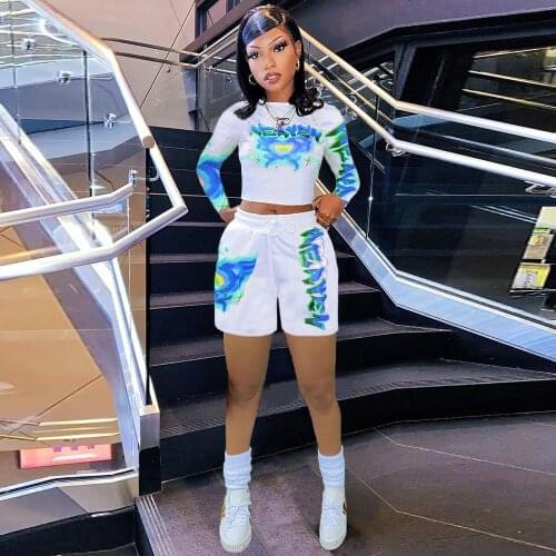 Gradient Letter Print Women Tracksuit Full Sleeve Workout Crop Top and Drawstring Biker Short Activewear Sporty Two Piece Suits