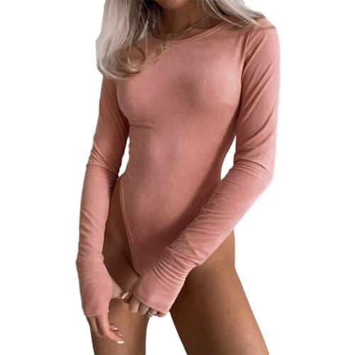 Womens Velvet Fall Top Long Sleeve Elastic Casual Party Round Neck Bodysuit Casual Solid Color Playsuit One Piece Outfits S/M/L