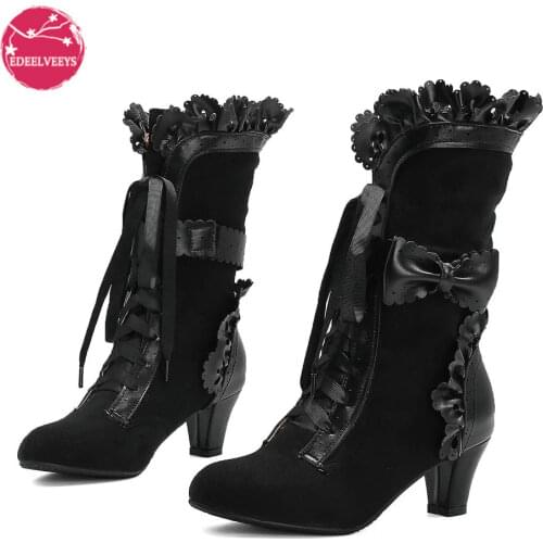 Winter Girls Lolita Faux Suede Mid-Calf Boots High Heel Ruffle Trim Japanese Princess Cosplay Party Shoes Vintage Sweet Kawaii