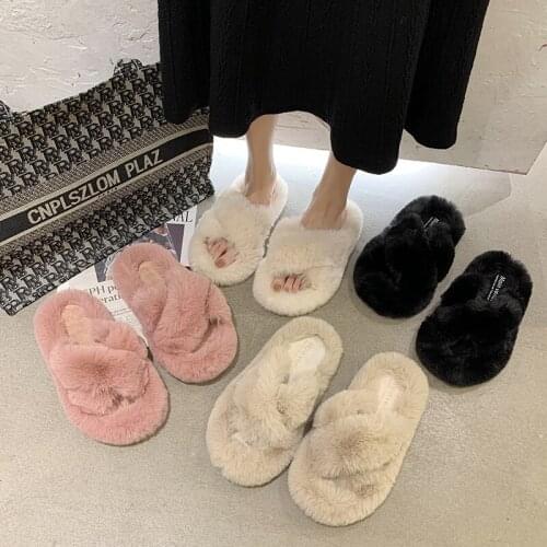 Winter Warm Faux Fur Slippers Women Fluffy Cross Plush Open Toe Soft Solid Fur Slippers Flat Shoes Home Female Shoes Fur Slides