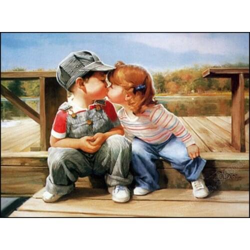 Full Square / Round Drill 5D DIY Diamond Painting Little Boy and Girl Friendship Kiss Picture Crystal Mosaic Diamond Embroidery