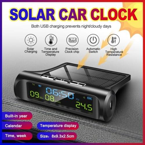 Car Solar Clock USB Solar Charge Smart Digital Calendar Time Temperature LED Display Automobile Interior Accessories Auto Switch