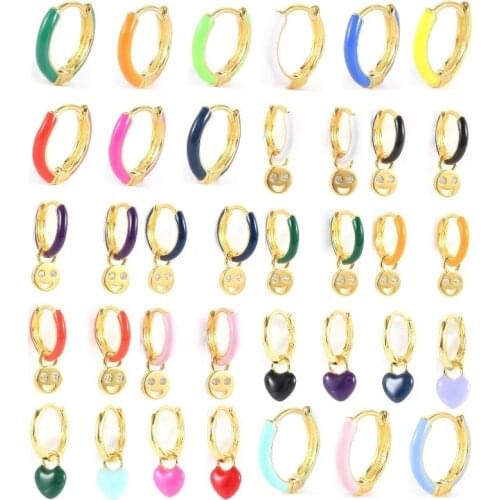 BOAKO 925 Sterling Silver Fashion Colored Enamel Heart Pendants Hoop Earrings For Women Cute Smiley Face Charm Drop Oil Earrings