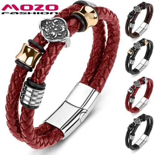 MOZO FASHION 2021 New Men Trendy Bracelet Genuine Leather Stainless Steel Fower Punk Bangle Women Wholesale Jewelry 194