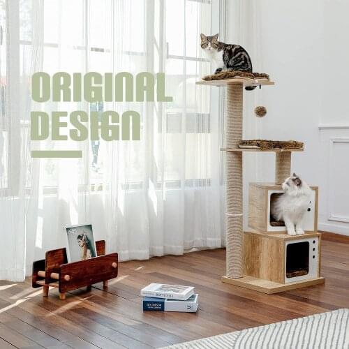 Wooden Cat Tree Modern Cat Tower with 2 Cat Condo Multi-Layer Platform Kitty Activity Center for Indoor Cats Toys