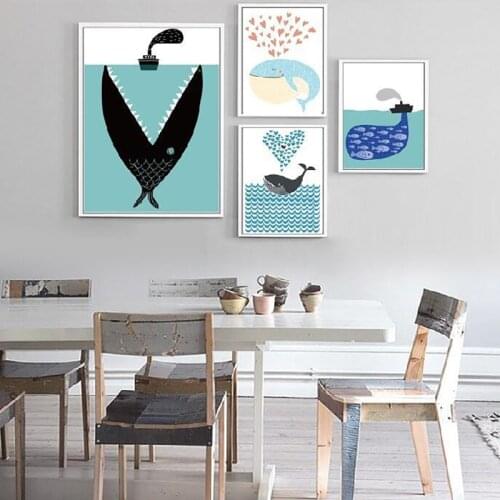 Home Decor Nordic Canvas Painting Print Poster Cartoon Cute Whale Dolphin Shark Kid Children Bedroom Wall Picture Minimalism Art