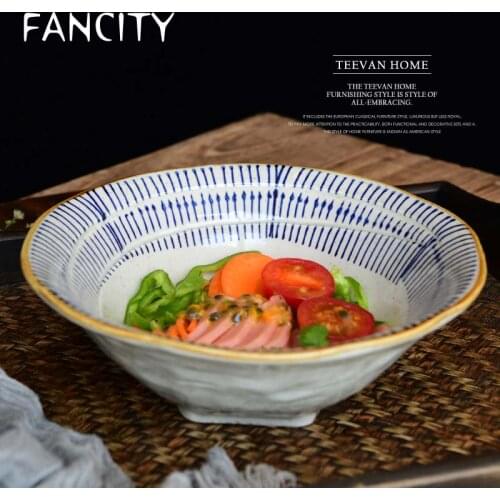 FANCITY Creative hand-painted ceramic tableware blue line noodle bowl deep soup plate big soup bowl pickled cabbage fish bowl bo
