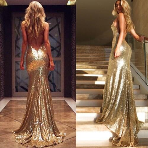 Indian Evening Dresses Long Gold Sequin Prom Dresses Cheap Mermaid Backless Party Gowns Imported China Robe de Soiree Courte