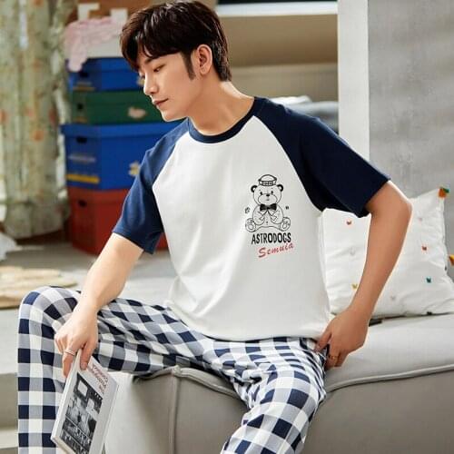 Summer Mens Cotton Pajamas Fashion Blue Patchwork Plaid Sleepwear Cartoon Pajamas Sets Casual Plus Size Short Sleeve Homewear