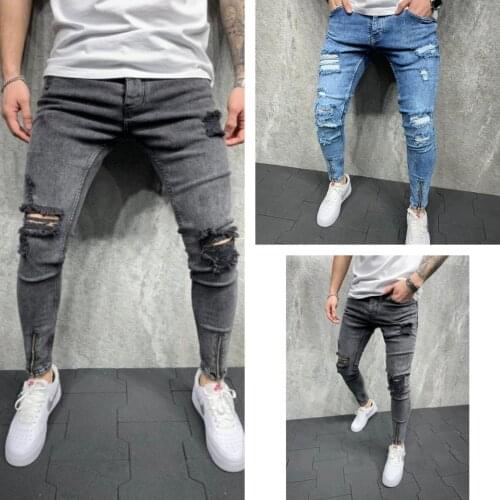 2021 Mens Jeans Solid Color Denim Trousers with Holes and Feet with Zipper for Men Boyfriend Jeans Denim Jeans for Men