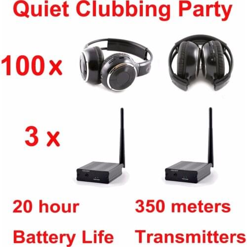 Silent Disco Headset system black folding wireless headphones - Quiet Clubbing Party Package (100 Headphones + 3 Transmitters)