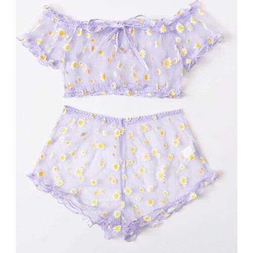 Underwear Women Transparent Mesh Sexy Lingerie Pajamas Set Cute Daisy Embroidery Sleepwear Off-Shoulder Bralette Top+Shorts