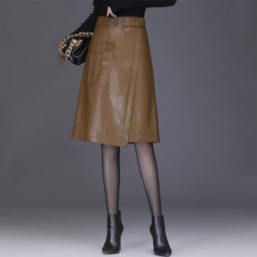 2021 New Woman Autumn Winter PU-leather Mi-long Skirt with Belt Female High Waist Vintage A-line Skirt Ladies Casual Dress H778