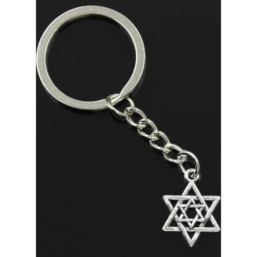 New Fashion Men 30mm Keychain DIY Metal Holder Chain Vintage Star Of David Shield 22x16mm Silver Color Pendant Gift